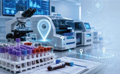 Modern pathology lab with technician conducting diagnostic tests