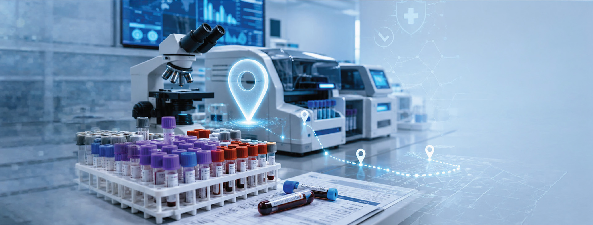 Modern pathology lab with technician conducting diagnostic tests