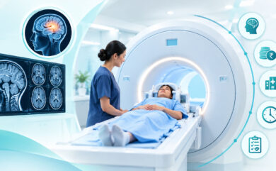 Patient preparing for an advanced MRI scan inside a modern diagnostic imaging facility