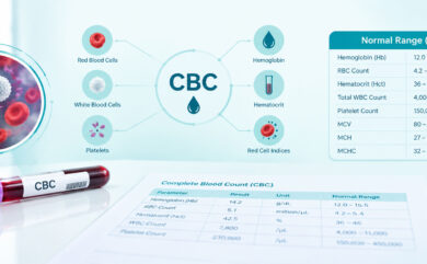 Complete Blood Count (CBC) test showing normal blood cell ranges, including red blood cells, white blood cells, hemoglobin, and platelets, with an explanation of CBC test results.