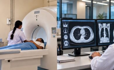 Rural clinic doctor reviewing digital teleradiology scans with off-site specialists