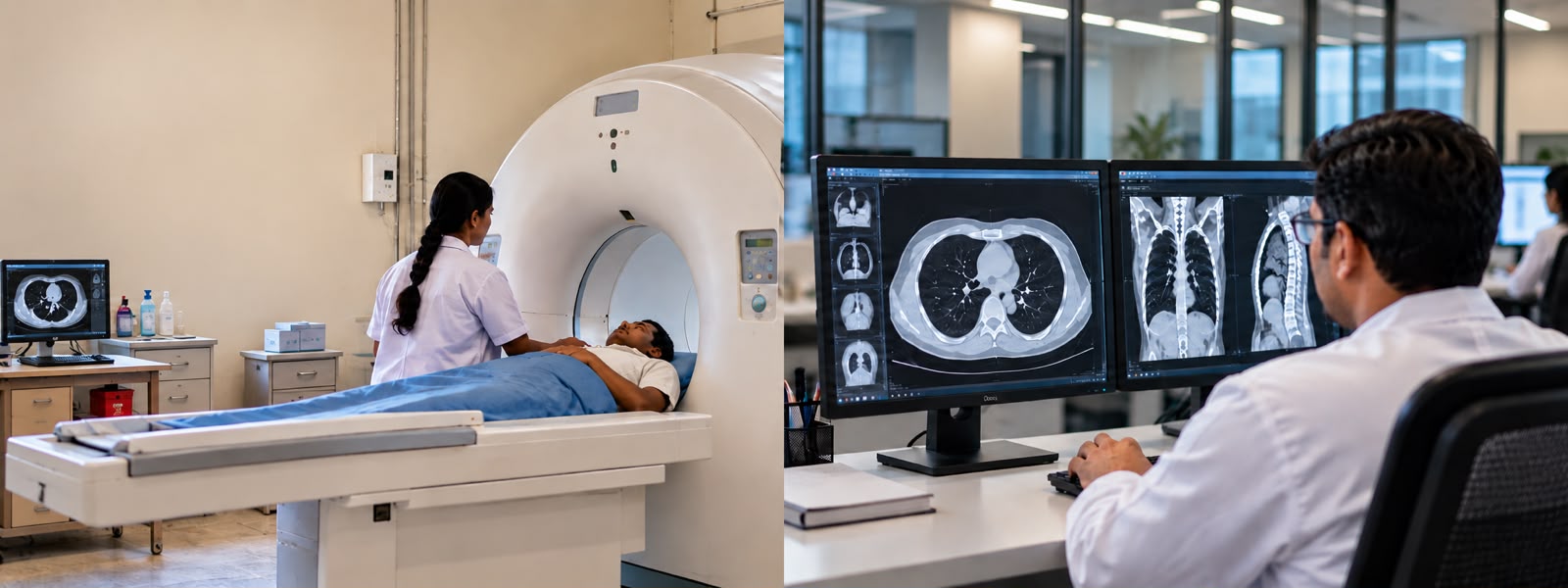 Rural clinic doctor reviewing digital teleradiology scans with off-site specialists