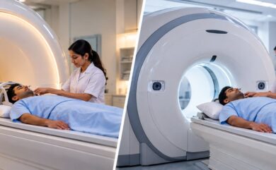 Technologist preparing a patient for a diagnostic medical imaging scan