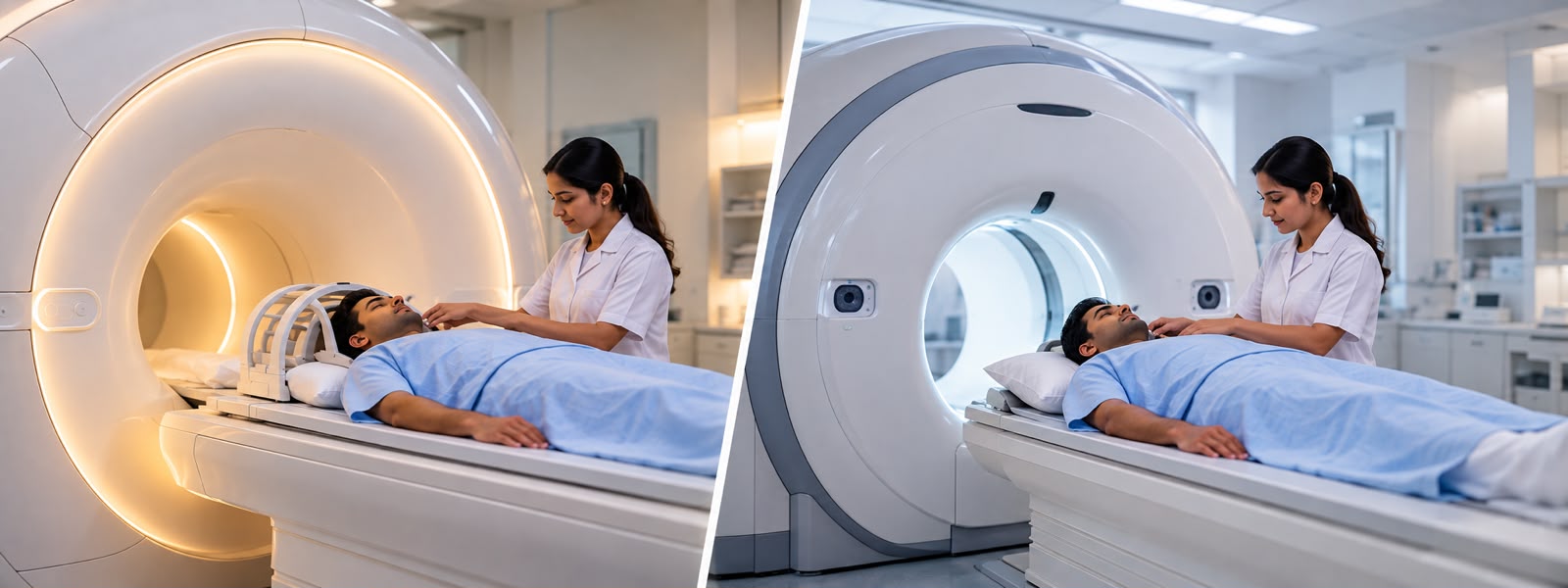 Technologist preparing a patient for a diagnostic medical imaging scan