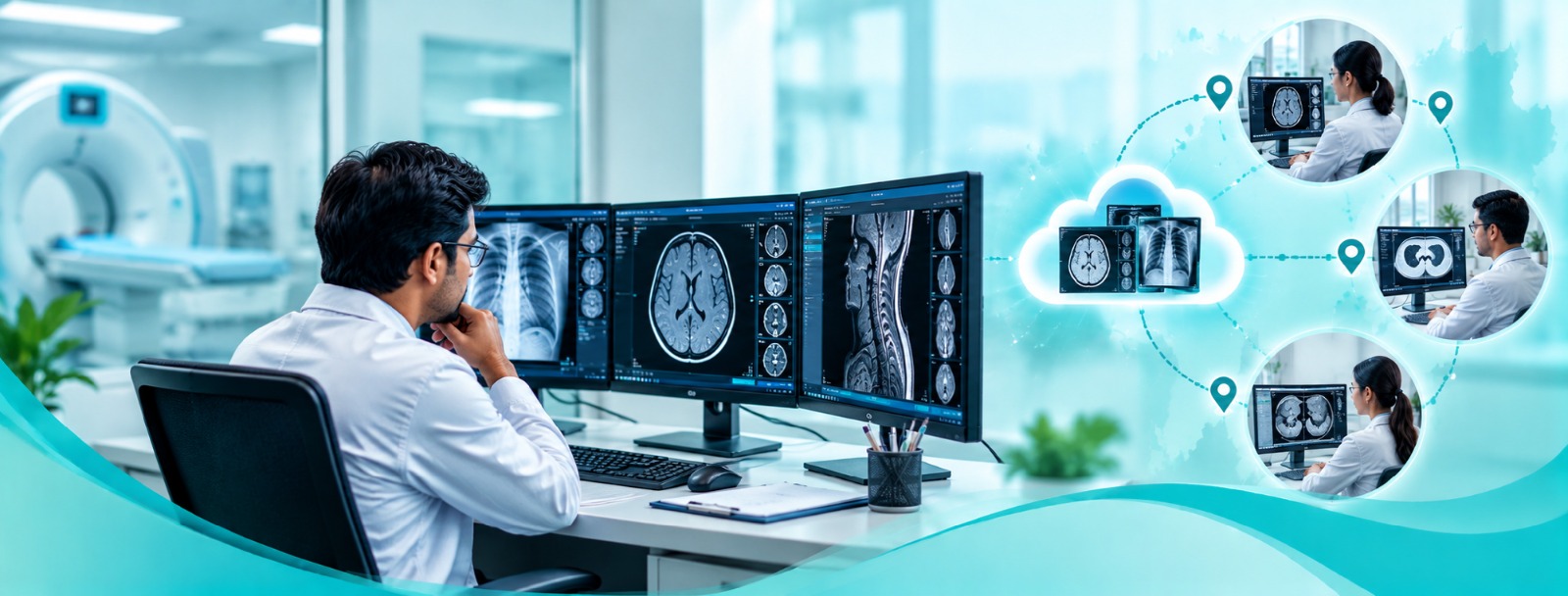 Tele-radiology remote reporting: radiologist reviewing a patient’s scan on screen to give faster diagnostic results